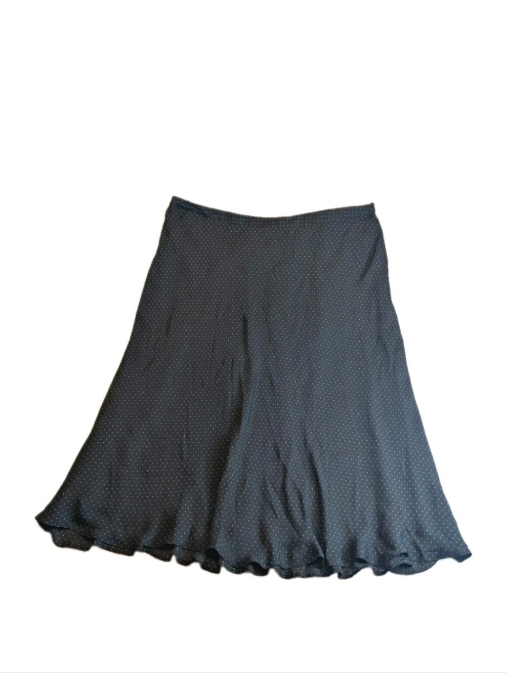 Vintage KATE HILL 100% Silk Black Polka Dot Lettuce Hem Midi Skirt 20W